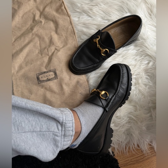 Gucci Black Leather Playform Sole Loafers with Gold Accent - Picture 7 of 8